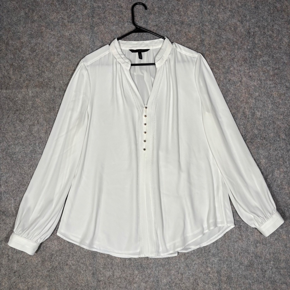White House Black Market Blouse Womens 14 White Long Sleeve Pleated‎ V-Neck Top